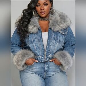Faux Fur Trim Denim Jacket - Blue